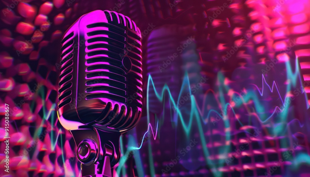 Poster A microphone is shown in a colorful background with a pulsating sound effect