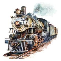 Fototapeta premium Watercolor painting of an old-fashioned locomotive, on isolated white background