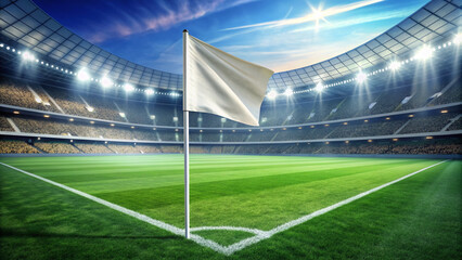 Empty white corner flag waving in a bustling soccer stadium with a blank space, perfect for inserting your logo or branding, highlighting athletic marketing opportunities.