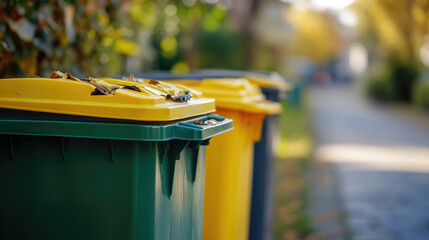 Yellow and Green House Trash Bins Close-Up with Soft Focus Background