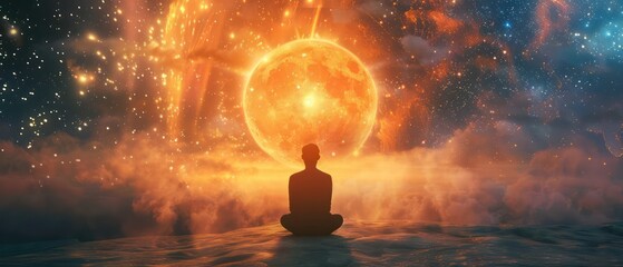 A person is sitting on a rock in front of a large orange sun
