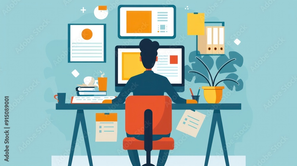 Poster a man is sitting at a desk with a computer and a potted plant