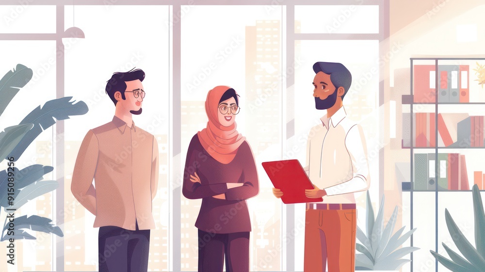 Poster three people are standing in a room with a man holding a red folder