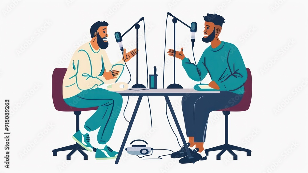Poster two men are sitting at a table with microphones and a book