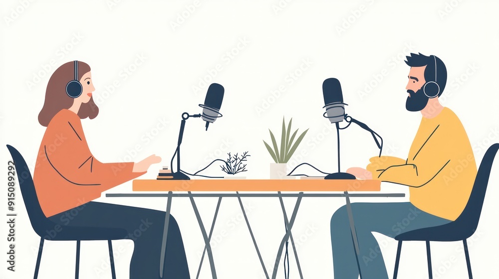 Poster two people are sitting at a table with microphones and a plant in between them