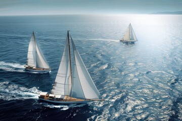 Three yachts with white sails navigating the calm sea on a sunny day