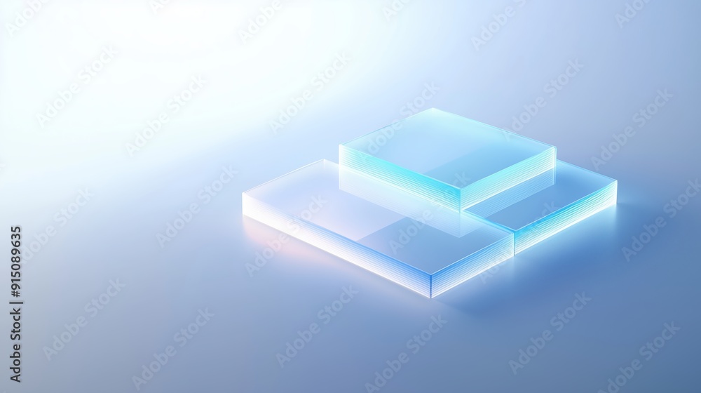 Poster translucent layered glass blocks creating an artistic modern display in a softly illuminated environ