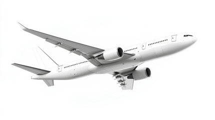 Obraz premium Side view of white commercial airplane in flight isolated on white. Travel and technology concept