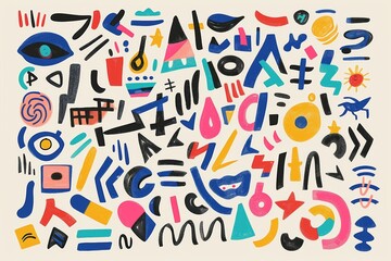 Doodle sketched abstract elements, brush strokes, contemporary art, eyes, faces smear isolated