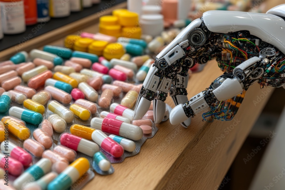 Aufkleber mechanical hand with robotic elements sorting pills showcasing automated pharmaceutical systems