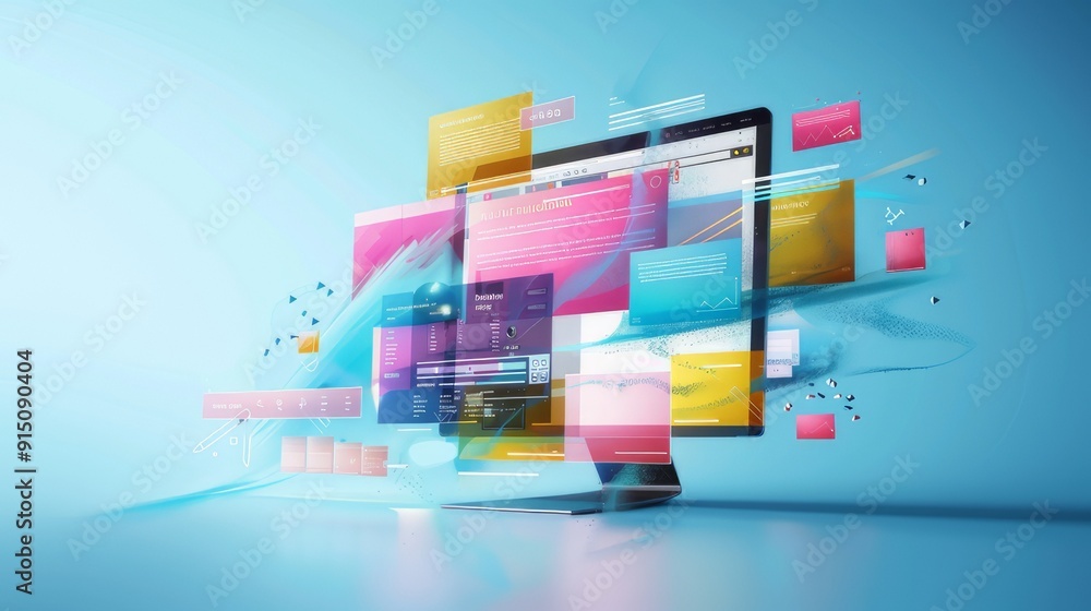Fototapete concept of assembling a web page from modules that fly around the display. the web design studio con