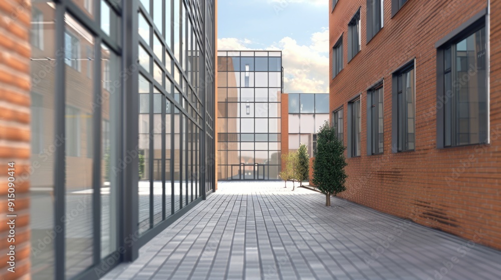 Poster a brick walkway between two buildings with a clock tower in the background, suitable for use as a hi
