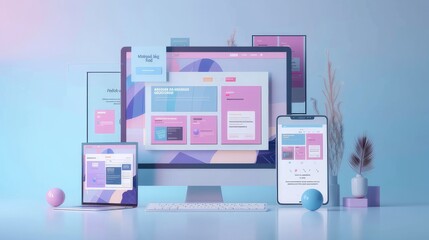 Concept of assembling a web page from modules that fly around the display. The web design studio concept page is on the display