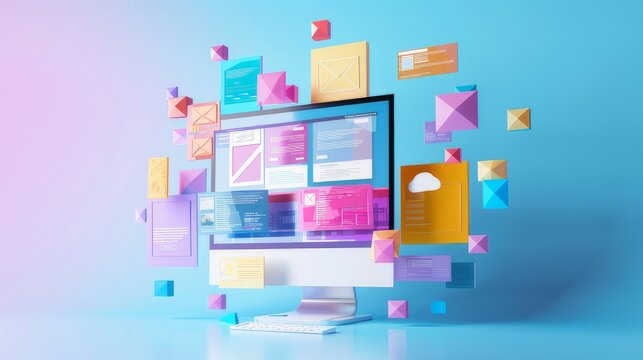 Concept of assembling a web page from modules that fly around the display. The web design studio concept page is on the display