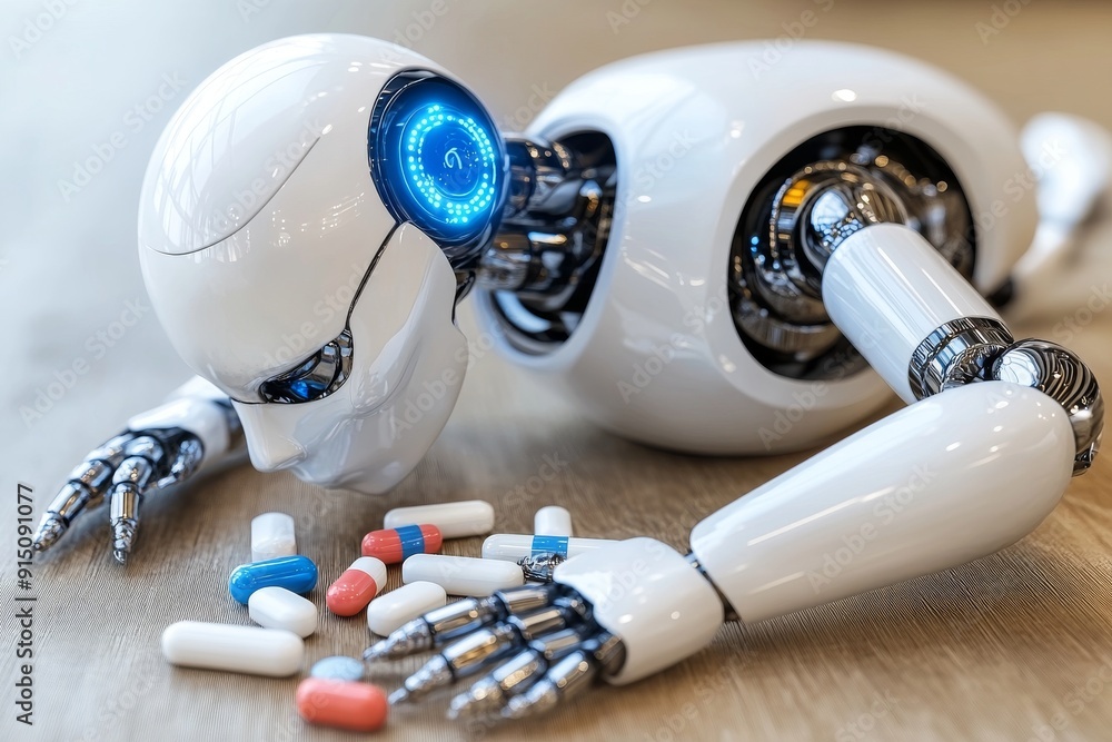 Poster advanced robotic hand offering pills with precision demonstrating the integration of ai in healthcar