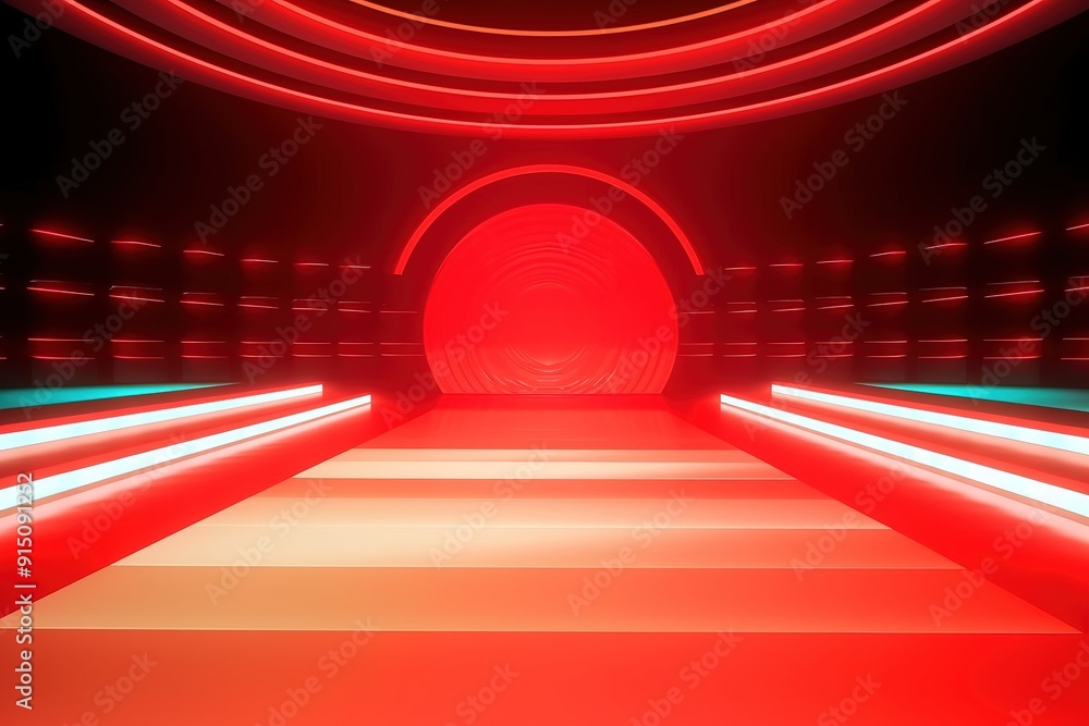 Poster red and white illuminated platform leading to a circular arch.