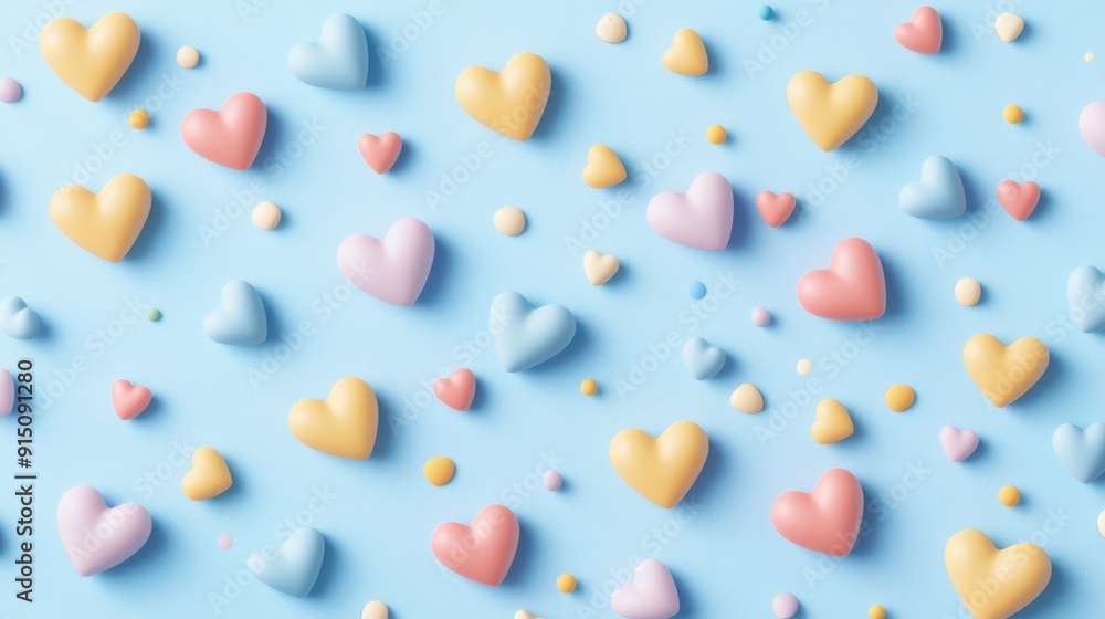 Poster a colorful 3d heart pattern illustration with abstract shapes and playful dots. the hearts are arran