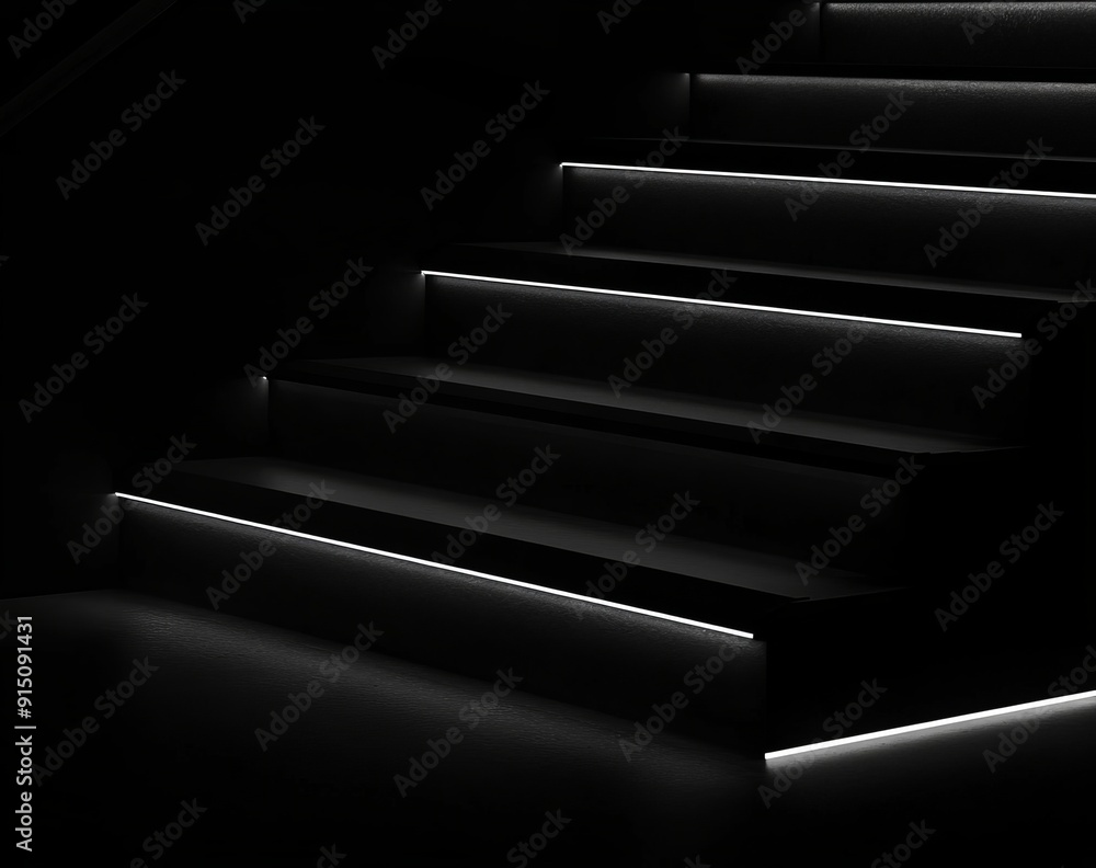 Poster steps in the darkness on a black background. stone stairs with abstract light. 3d rendering.