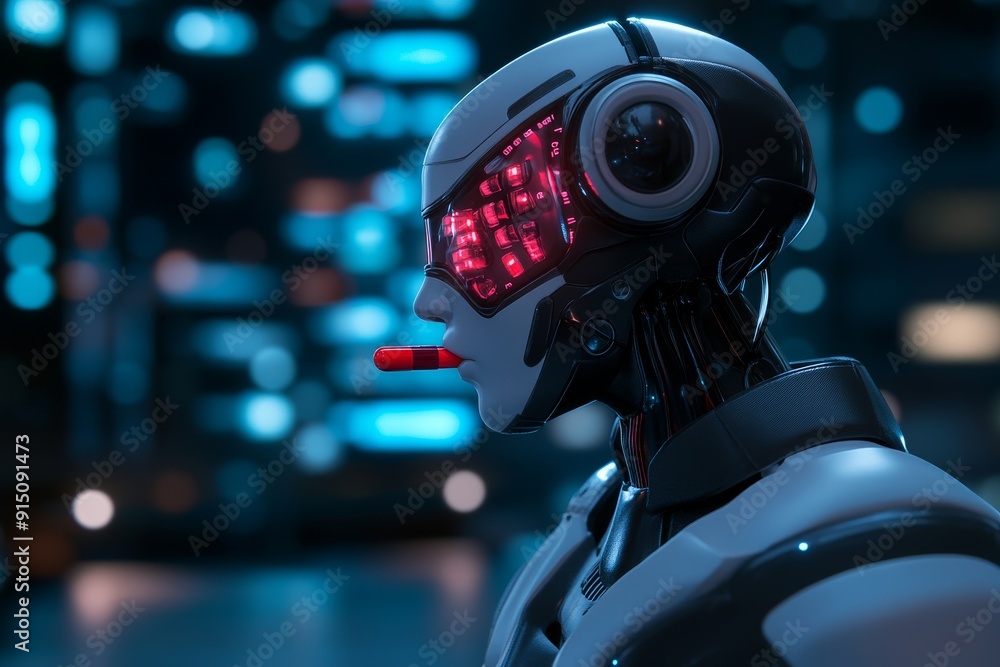 Poster robot with advanced visual sensors researching pharmaceutical data showcasing technological advances