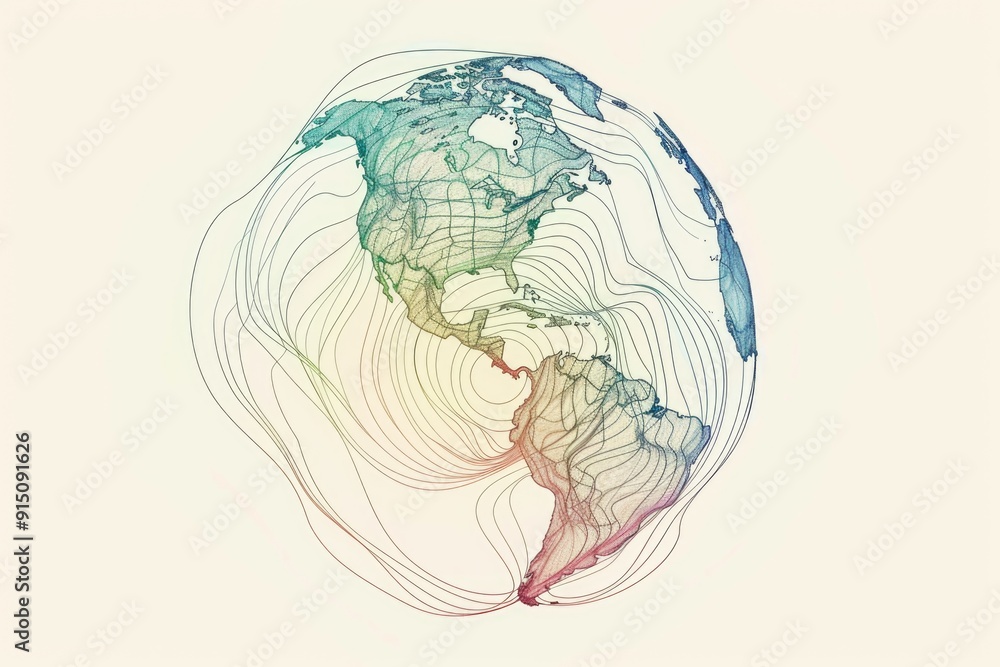 Poster a world map with various lines and markings, ideal for illustrating global connections and travels
