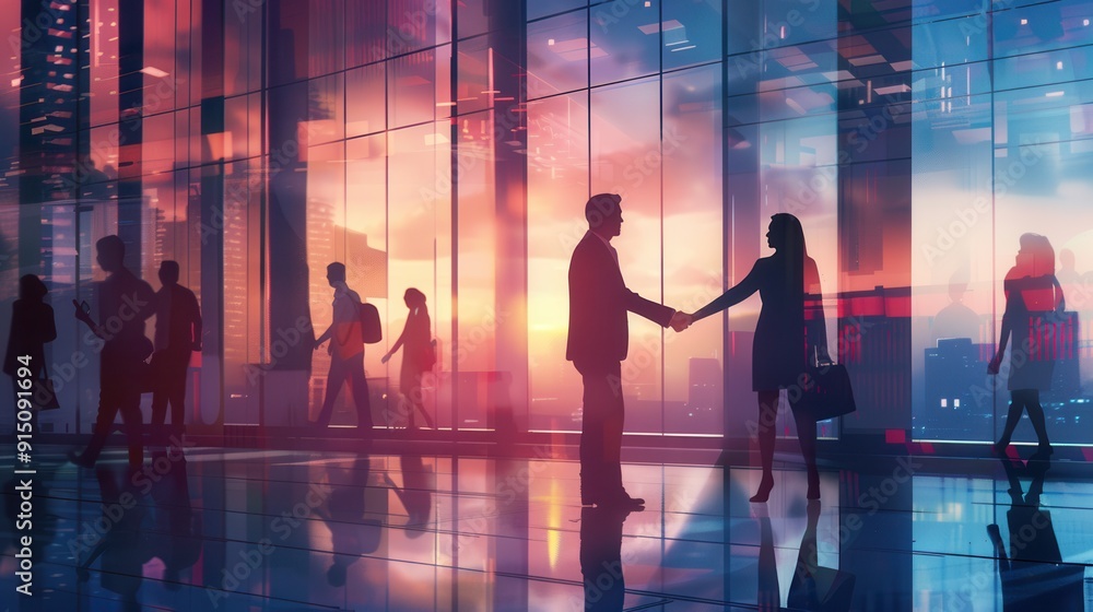 Poster two business people shake hands in front of a modern office building as the sun sets, with silhouett