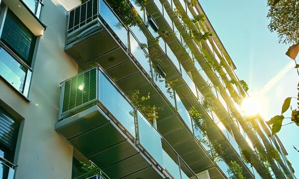 Contemporary residential complex with balconies equipped with integrated solar panels, highlighting eco friendly living and renewable energy solutions in city settings
