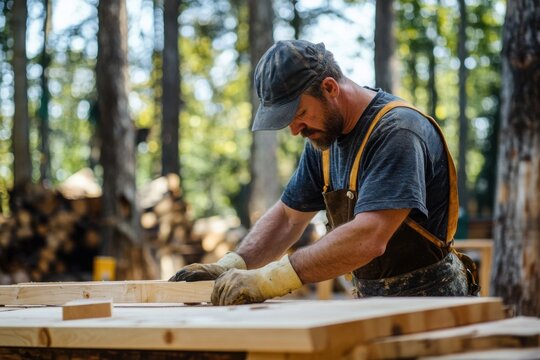 A carpenter working on a wooden project in a rustic outdoor setting, with nature in the background