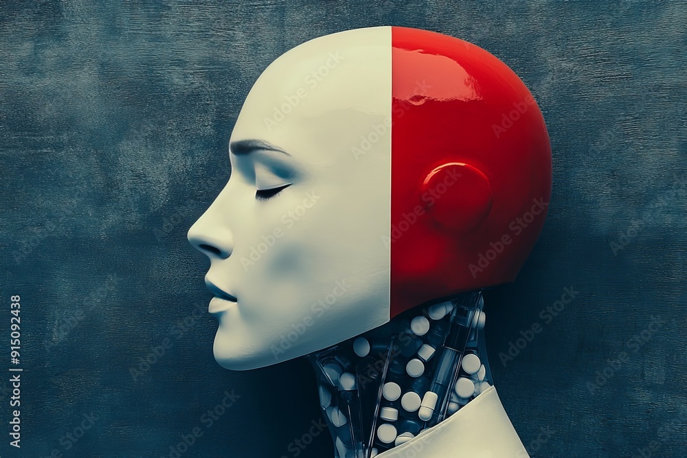 Poster side profile of a minimalist robotic head with a distinctive half red half white design highlighting