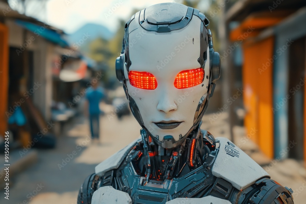 Poster futuristic humanoid robot with red glowing eyes walking down a street in a busy urban environment re