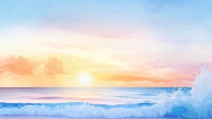 Sunset on the beach, colorful sky, waves crashing, watercolor style
