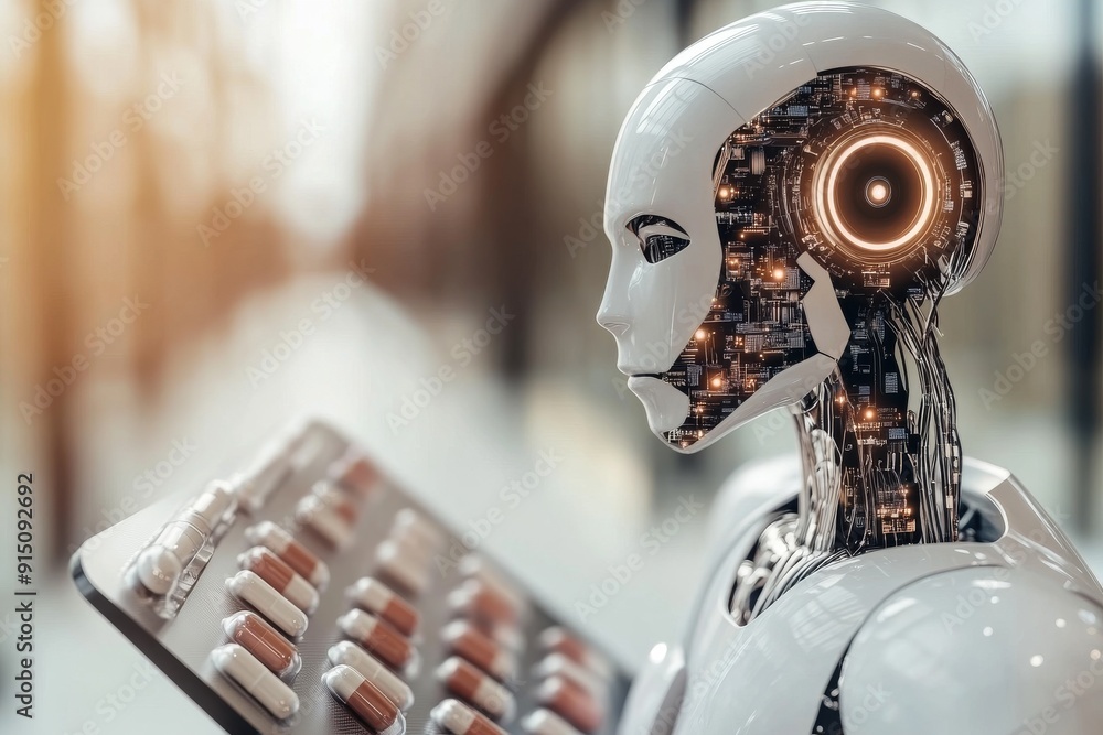 Poster humanoid robot examining a blister pack of pills depicting the intersection of artificial intelligen