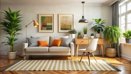 3D Rendering of a Cozy Living Room with a Beige Sofa, Striped Rug, and Plants - Interior Design, Home Decor, Comfortable Space, Relaxing Atmosphere, Modern Style