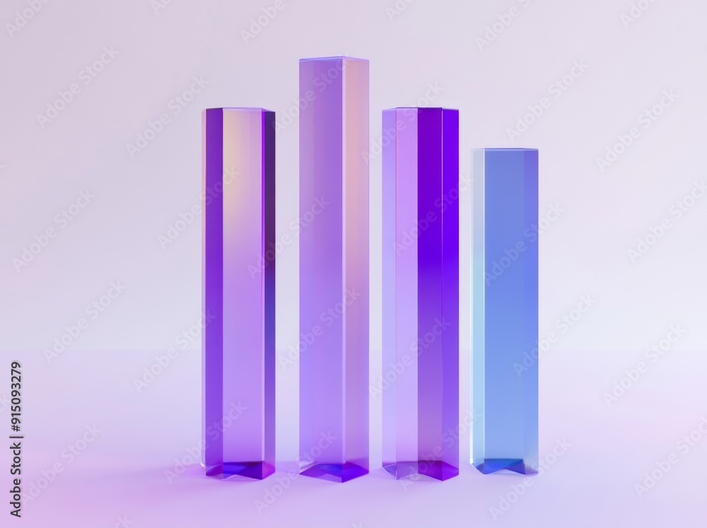 Poster animated 3d render with a row of violet blue square translucent glass shapes isolated on white backg