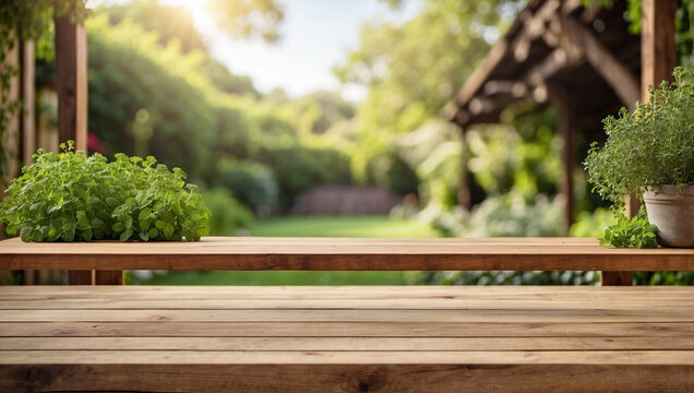 empty wooden table for product display with Oregano garden background