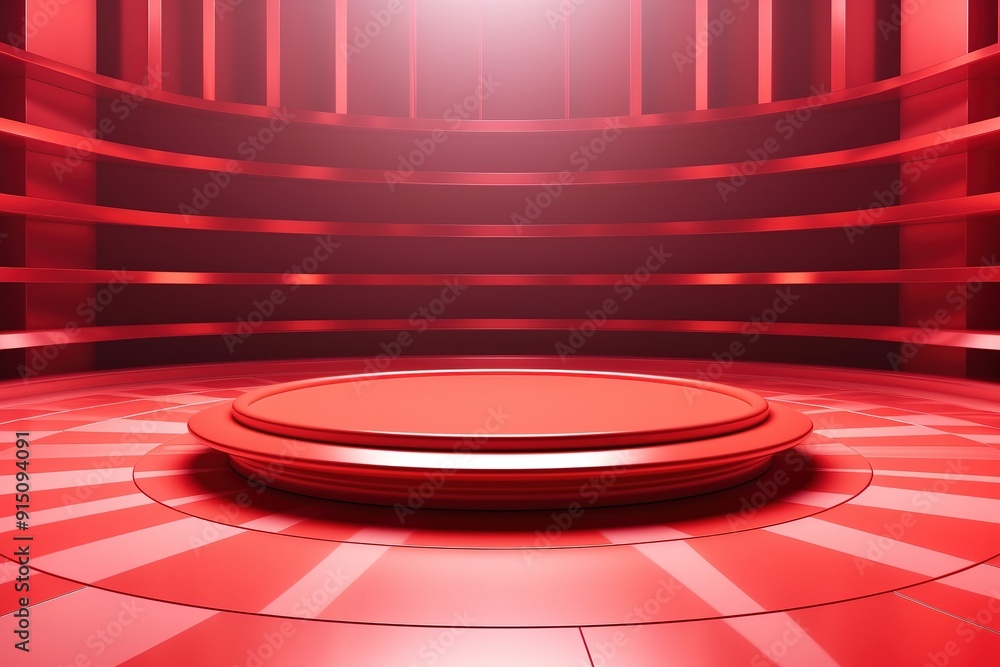 Aufkleber red circular platform with a shiny surface in a red room with curved shelves.