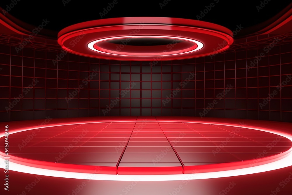 Poster red circular platform with glowing neon light.
