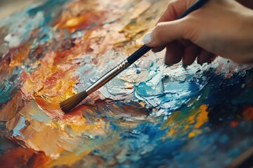 A painter's hands mixing colors on a palette, with vivid hues and textures