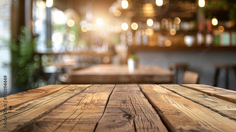 Sticker Blank wooden tabletop in cafe or soft drink bar with blurred bokeh background.