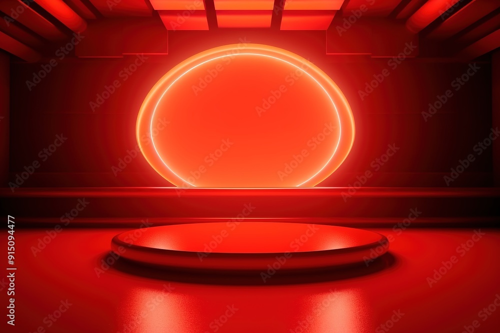 Poster red circular platform with glowing ring light for product display.