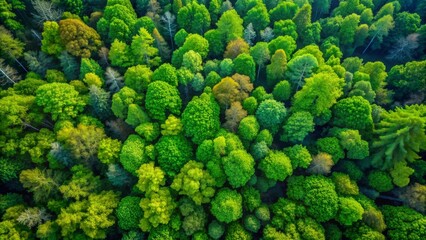 Naklejka premium Aerial View of Lush Green Forest Canopy - Bird's-Eye Perspective, Vibrant Greens and Blues, Summer Foliage, Nature, Woodland, Trees, Ecosystem