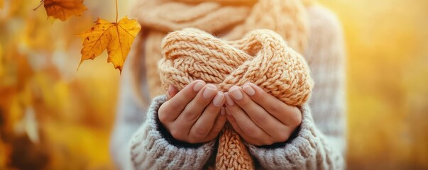 Cozy hands holding a warm knitted scarf amidst autumn leaves, capturing the essence of fall warmth and comfort.
