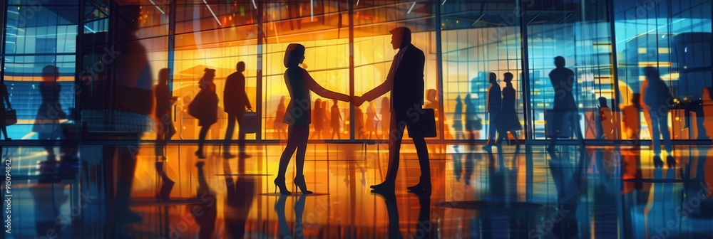 Aufkleber two business professionals warmly shake hands in front of a modern office building as evening light 