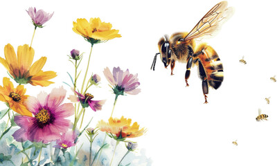 Close-up of a Honey Bee Pollinating a White Daisy Flower Against a white Background
