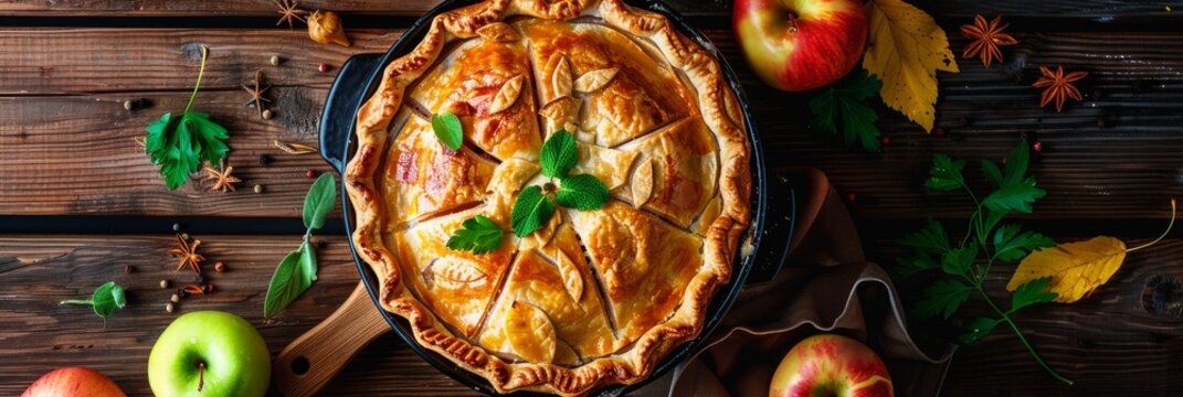 Meat Pie Stuffed with Chicken, Beef, Mushroom and Potatoes, Round Closed Apple Pie