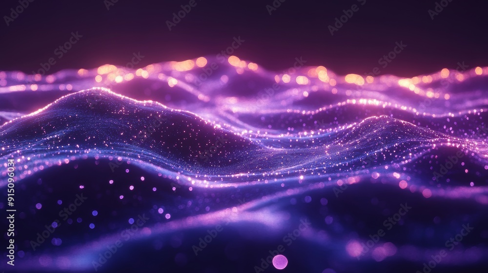 Poster flowing particle stream with elegant waves of colorful dust. virtual reality cyberspace. soft bokeh,