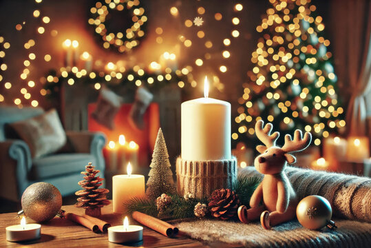 Gem&uuml;tliche weihnachtliche Tischdekoration mit Kerzen, Rentierpuppe und Weihnachtsaccessoires in festlich erleuchtetem Wohnzimmer