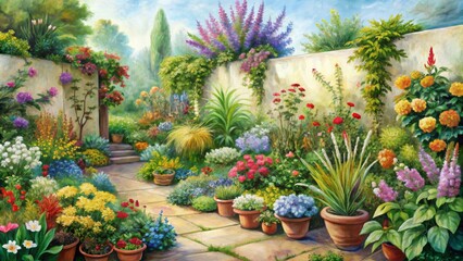 Impressionist Oil Painting of a Lush Garden with Stone Pathway - Floral Garden, Colorful Flowers, Garden Art, Nature, Landscape