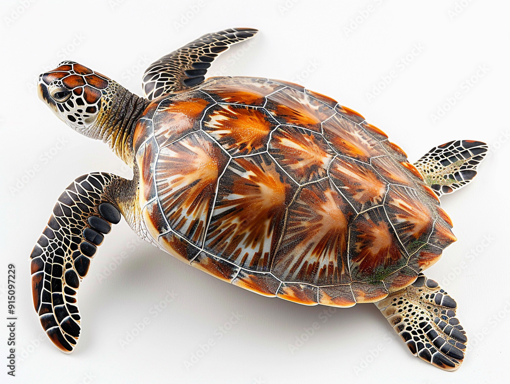 Poster a colorful sea turtle on a white background showcasing vibrant shell patterns and realistic detailin