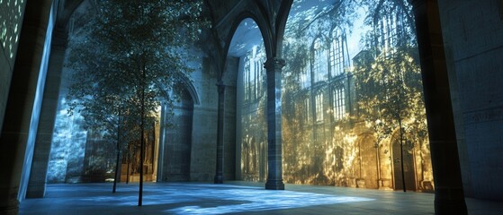 Frame a historical monument with digital projections of past events and augmented reality enhancements, creating a mesmerizing fusion of old and new