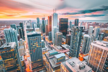 Aerial view of modern cityscape at sunset with tall skyscrapers and vibrant skyline